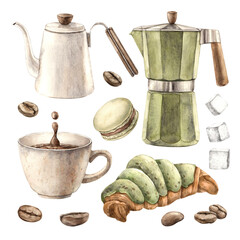 A mug of aromatic coffee, a geyser coffee maker, a teapot, a macaroon, a croissant, pieces of sugar and coffee beans. Watercolor set for decorating coffee shops, bistros, menus, posters, packaging