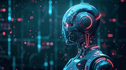 A robot with red and blue lights on its head and body