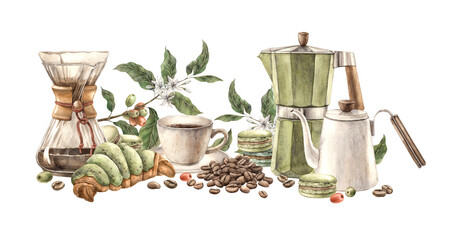 Cup of coffee with pistachio macaroon and croissant, coffee branches and beans. Geyser coffee maker, filter and teapot, watercolor composition template for shops and cafes, packaging and menu