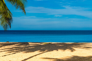 Beach sand background for summer vacation concept. Nature of the beach and sea, summer with sunlight, sandy beach The sparkling sea water contrasts with the blue sky and coconut trees.	