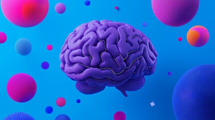 Fototapeta premium A vibrant, 3D illustration of a purple brain surrounded by colorful spheres against a blue backdrop, representing concepts of intelligence and creativity.