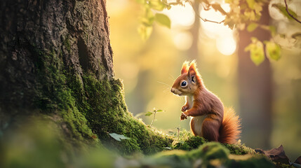 A cute red squirrel perched on a mossy tree trunk in a sun-drenched forest.