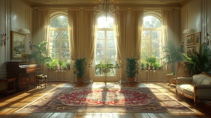 Obraz premium Elegant Living Room with Grand Piano and Sunlight Streaming Through Windows