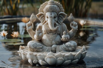 Fototapeta premium Ganesha Statue on Lotus Flower in Water