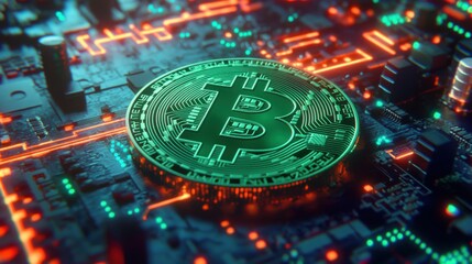 3D green Bitcoin logo on a circuit board, glowing with holographic effects and blue neon trails