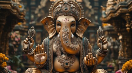 Fototapeta premium Golden Ganesh Statue Hindu God Indian Deity Religious Icon