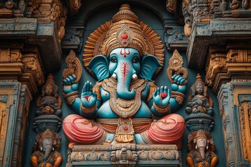 Fototapeta premium Colorful Ganesha Statue on Hindu Temple Wall
