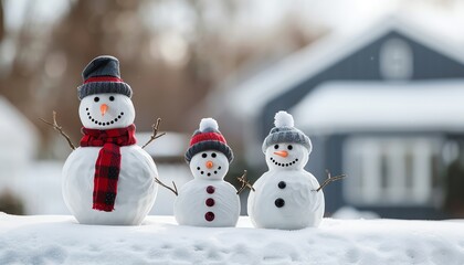 Snowman family in a snowy yard, playful holiday fun