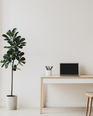 A minimalist home office with a neutral color palette, featuring a sleek desk, a laptop, and a single plant, embodying simplicity and functionality.