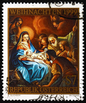 Postage stamp Austria 1999 Birth of Christ by Anton Jantl (1723-1805), detail from the altarpiece in the parish church of Pinkafeld, Burgenland