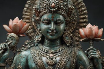 Lakshmi Hindu Goddess Statue with Lotus Flowers  Close up