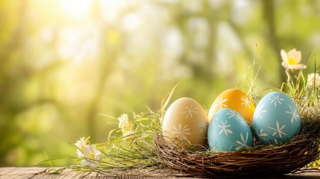Easter Eggs in Nest with Spring Flowers and Green Background
