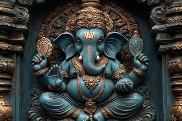 Blue and Gold Ganesha Statue with Intricate Carvings