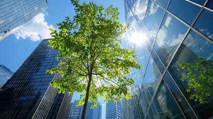 Green Tree Growing in Front of Modern Glass Buildings
