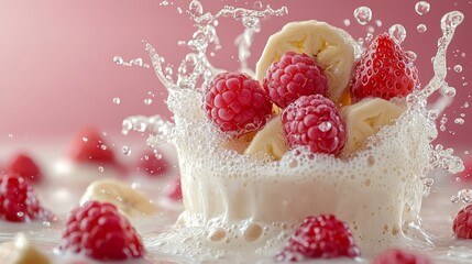 Fresh Raspberries and Banana Slices Splashing in Milk