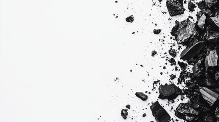Fototapeta premium Black Coal Texture Crushed Charcoal Pieces on White Background