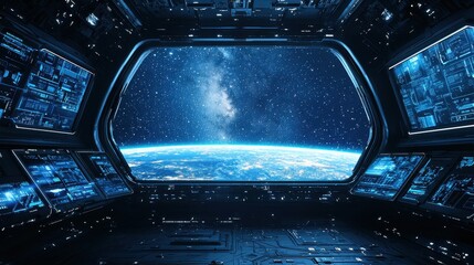Futuristic Spaceship Interior with Earth View from Window