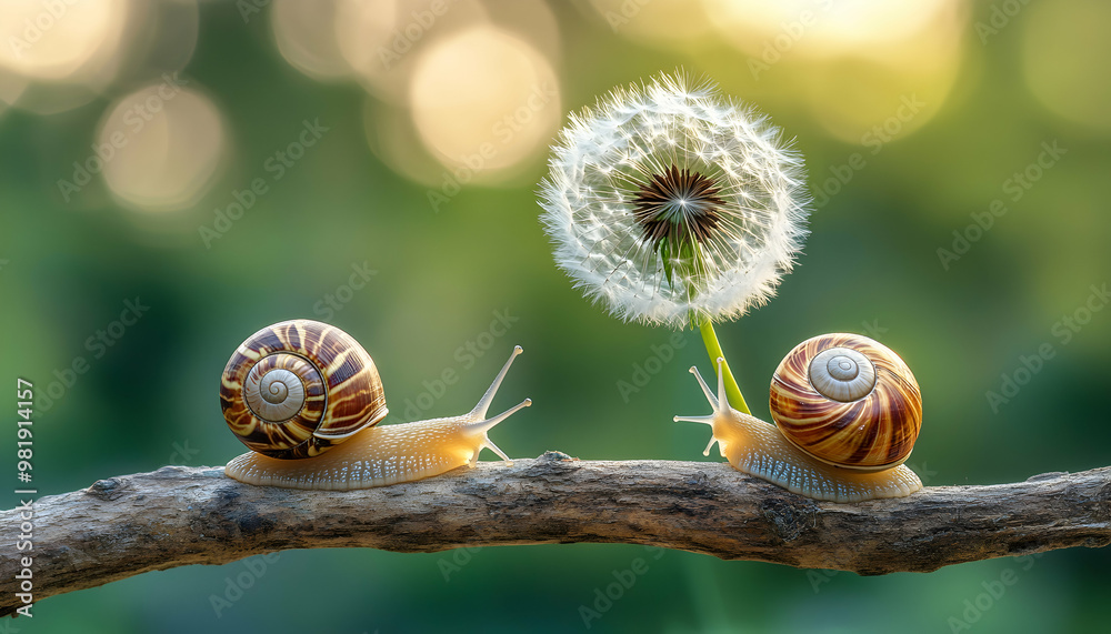 Wall mural Two snails on a branch with a dandelion in the background.