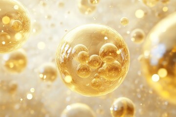 Abstract golden spheres floating in a liquid, creating a luxurious and elegant background.