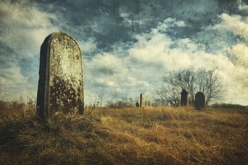 Weathered Tombstones in a Graveyard with an Overcast Sky