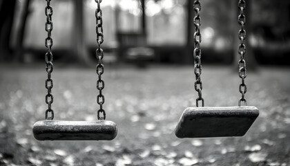 Empty swing set in a park, monochrome,  blurry background.