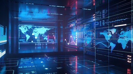 A virtual data visualization room with interactive holographic charts and graphs floating in the air.