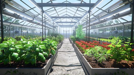 A tech-driven greenhouse with automated irrigation systems and AI-controlled environmental settings.