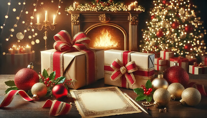 Elegant gift boxes and decorations, Christmas themed card designs, with a fireplace in the background