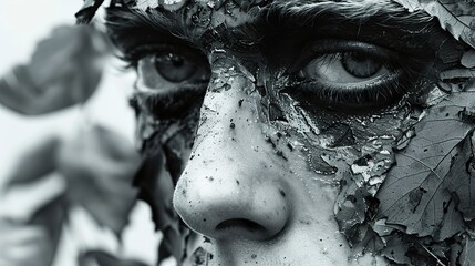 Close-Up Portrait of a Person with Leaves on Their Face