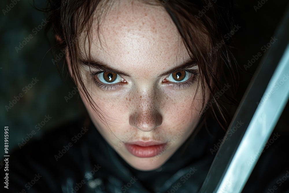 Poster Intense gaze of a young woman with striking blue eyes