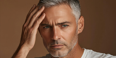Obraz premium A middle-aged man with gray hair touching his head, generative AI