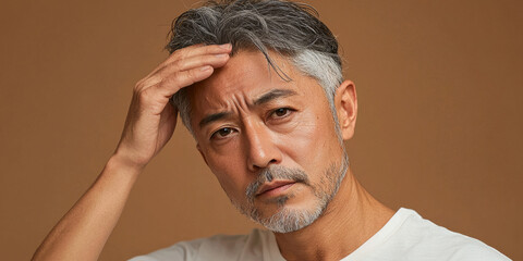 Obraz premium A middle-aged man with gray hair touching his head, generative AI
