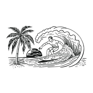 recommend clip art: man surf beach wave drawing vector hand drawn illustration