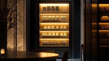 A collection of gold bars stacked in a luxurious display cabinet with backlighting, creating a striking visual effect.