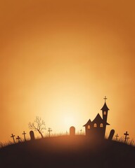 Fototapeta premium A haunting silhouette of a church and tombstones against a vibrant sunset, evoking mystery and intrigue in a serene landscape.