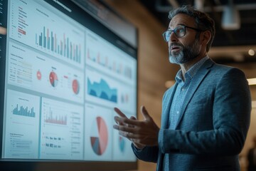 Professional man presenting data analytics on a large screen in a modern office environment, emphasizing business growth and statistical insights.