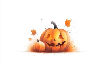 A vibrant Halloween pumpkin with a cheerful face, surrounded by autumn leaves, perfect for seasonal celebrations and decor.