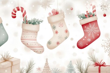 Festive Christmas stockings adorned with decorations, surrounded by gifts and snowflakes, perfect for holiday-themed designs.