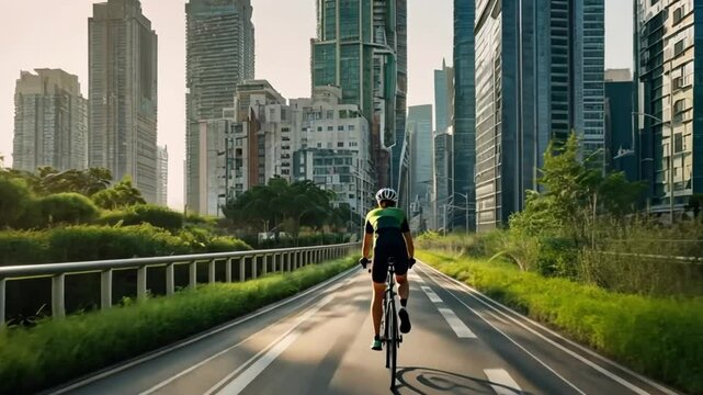 A cyclist rides in a designated bike lane flanked by greenery and tall skyscrapers. The clean, modern urban setting, bathed in early morning sunlight, highlights the trend of eco-friendly commuting.