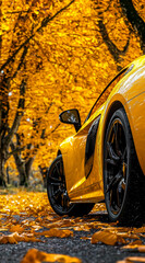 Car wallpaper, background with yellow leaves and trees, the car is yellow. Concept of speed, security. Autumn and winter style