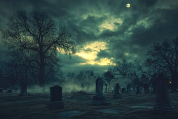 Eerie Graveyard Under a Foggy Moonlit Sky