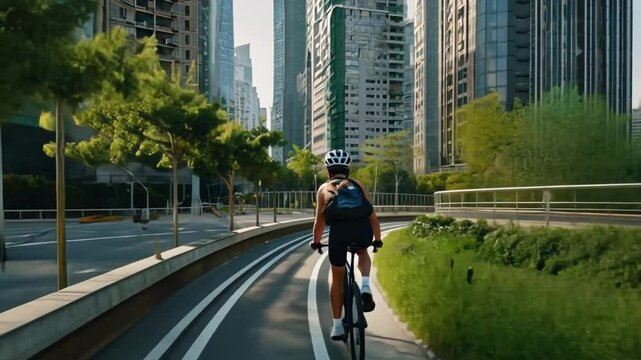 A cyclist rides in a designated bike lane flanked by greenery and tall skyscrapers. The clean, modern urban setting, bathed in early morning sunlight, highlights the trend of eco-friendly commuting.