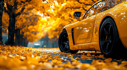 Car wallpaper, background with yellow leaves and trees, the car is yellow. Concept of speed, security. Autumn and winter style