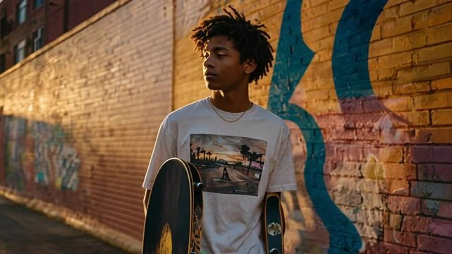 A young man with a skateboard stands on an empty street at sunset, with urban murals behind him. The golden light creates a warm, trendy vibe that captures modern urban culture.
