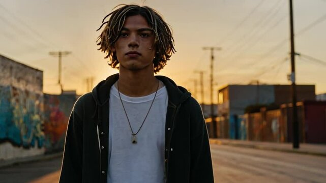 A young man with a skateboard stands on an empty street at sunset, with urban murals behind him. The golden light creates a warm, trendy vibe that captures modern urban culture.