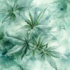 Watercolor Painting of Green Cannabis Leaves on a White Background