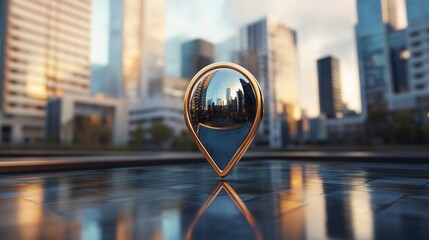Photorealistic location pin in the middle of a modern city skyline, high-definition details, metallic pin with reflections, intricate buildings with glass facades, pin casting a shadow on the ground