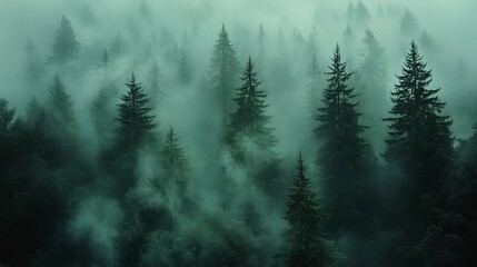 Fototapeta premium Mysterious and Serene Foggy Forest Landscape with Towering Evergreens and Atmospheric Mist A dense primeval forest shrouded in a mystical fog creates a hauntingly beautiful and tranquil scene