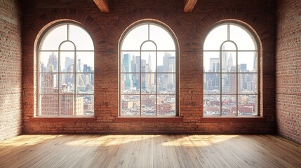 Fototapeta premium empty room with wooden floors and red brick walls, featuring three arched windows that offers city views 