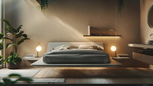 A zero gravity bed floating in the center of a minimalist bedroom, with sleek furniture hovering alongside. The futuristic design emphasizes weightlessness, in soft ambient lighting. 3D render.